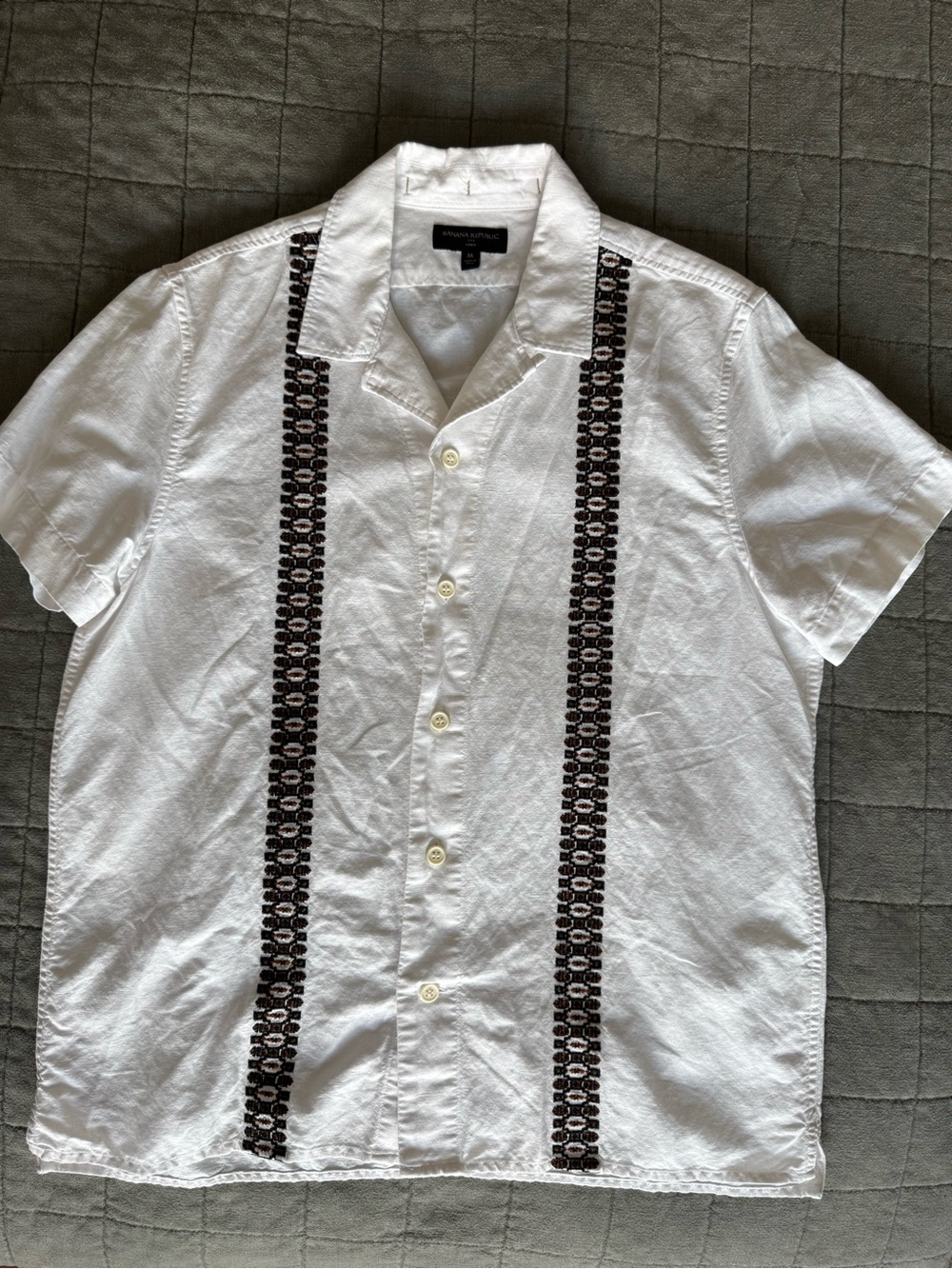Men's White Short-Sleeve Embroidered Camp Shirt